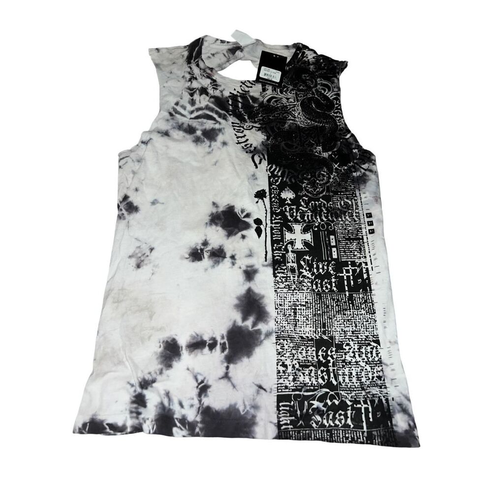 Affliction Women's Destroy Black and White Rhinestone Snake Tank Size L